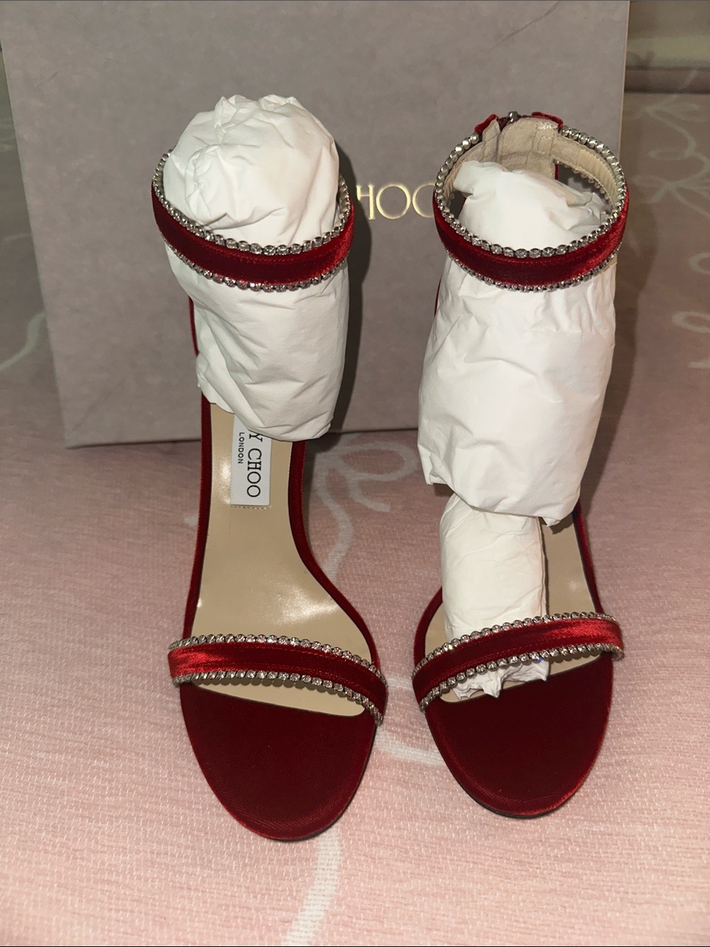 Jimmy Choo Royal Red Velvet Crystal-Trim Ankle-Strap Sandals 39